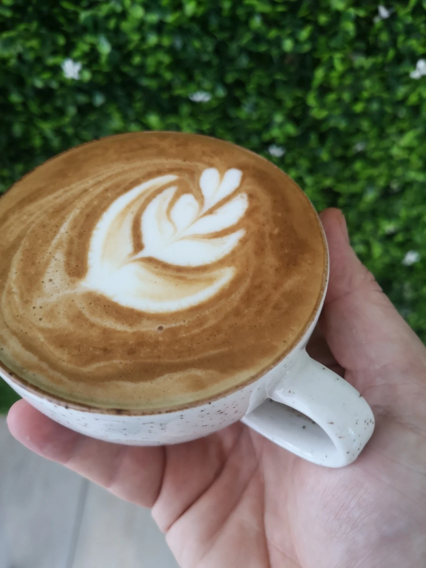 A flat white with latte art held in one hand